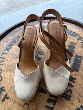 Time and Tru Cream Canvas Espadrille Wedges with Brown Ankle Straps
